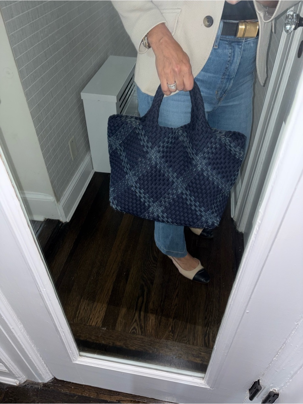 Naghedi Navy Woven Tote with Faded Plaid Detail - Picture 3 of 11